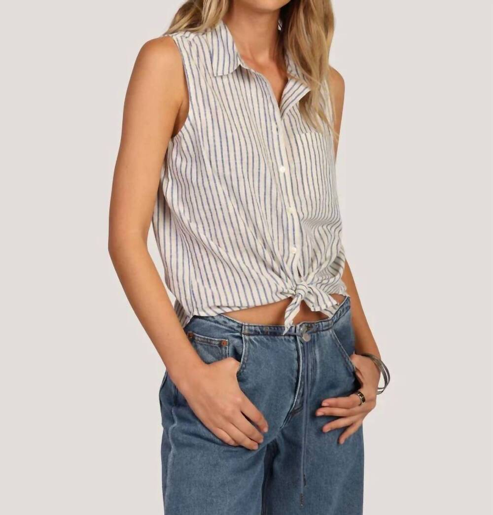 NEW DYLAN whitney sleeveless tie front top in white/blue